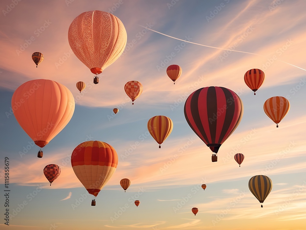 Obraz premium Colorful Hot Air Balloons Soar In A Sunset Sky