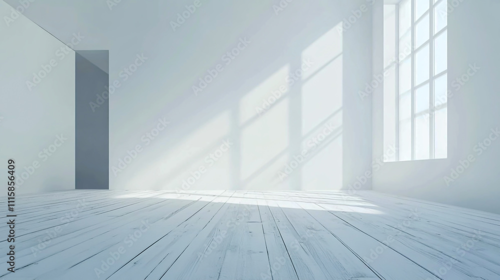 Fototapeta premium Minimalist white interior room with clean empty walls, sharp corner, and white wooden floor in a contemporary style, soft natural lighting.