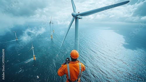A worker in safety gear stands atop a wind turbine, overlooking offshore wind farms, showcasing renewable energy and industrial maintenance.