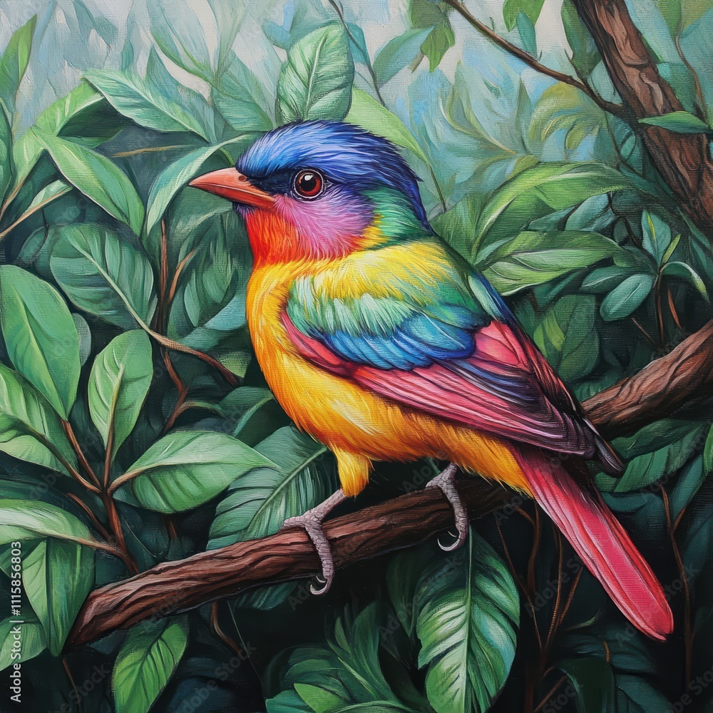 Fototapeta premium Colorful bird perched on a branch tropical forest wildlife photography lush greenery close-up view nature's beauty
