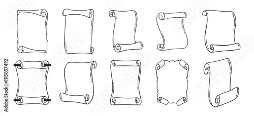 Ancient empty scroll doodle hand drawn, ancient medieval paper outline icon set. Outline vector paper scrolls, papyrus isolated empty template.