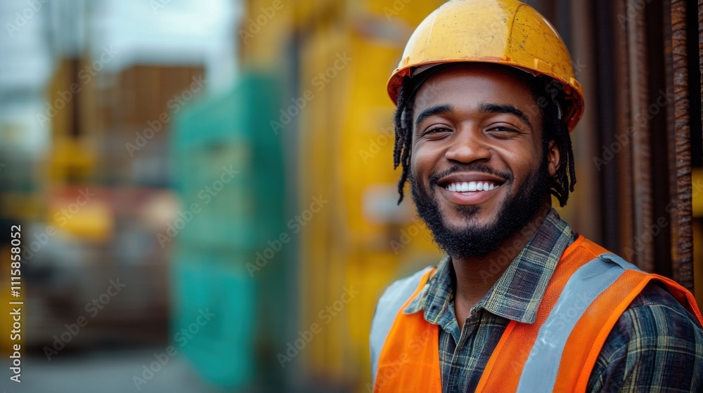 Smiling construction worker wearing safety helmet and vest, confident professional on industrial site, cheerful expression, skilled laborer, urban construction background, bright sunny workday. Smiling construction worker wearing safety helmet and vest, confident professional on industrial site, cheerful expression, skilled laborer, urban construction background, bright sunny workday.