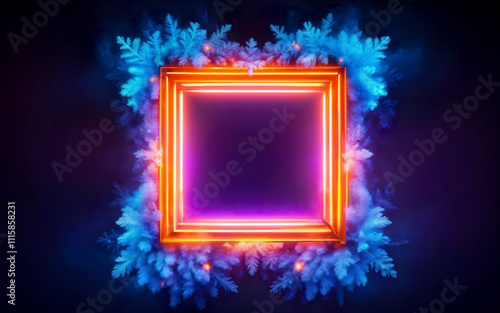 Christmas neon frame with New Year tree and fog background photo