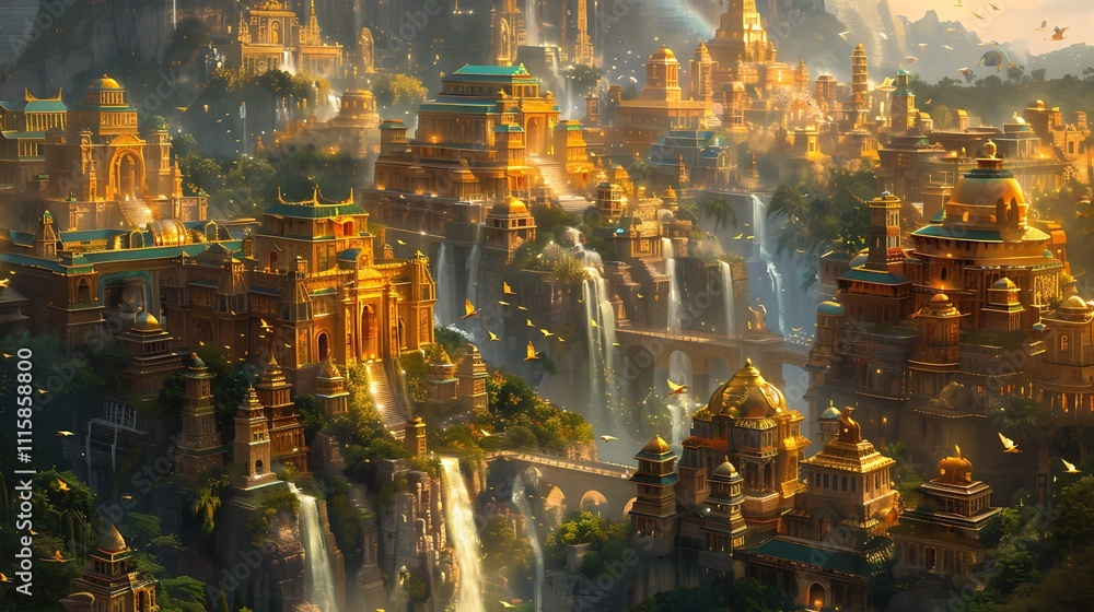 A golden, ornate city with many buildings, waterfalls, and canals. Water features are prominent.
A golden, ornate city with many buildings, waterfalls, and canals. Water features are prominent.
