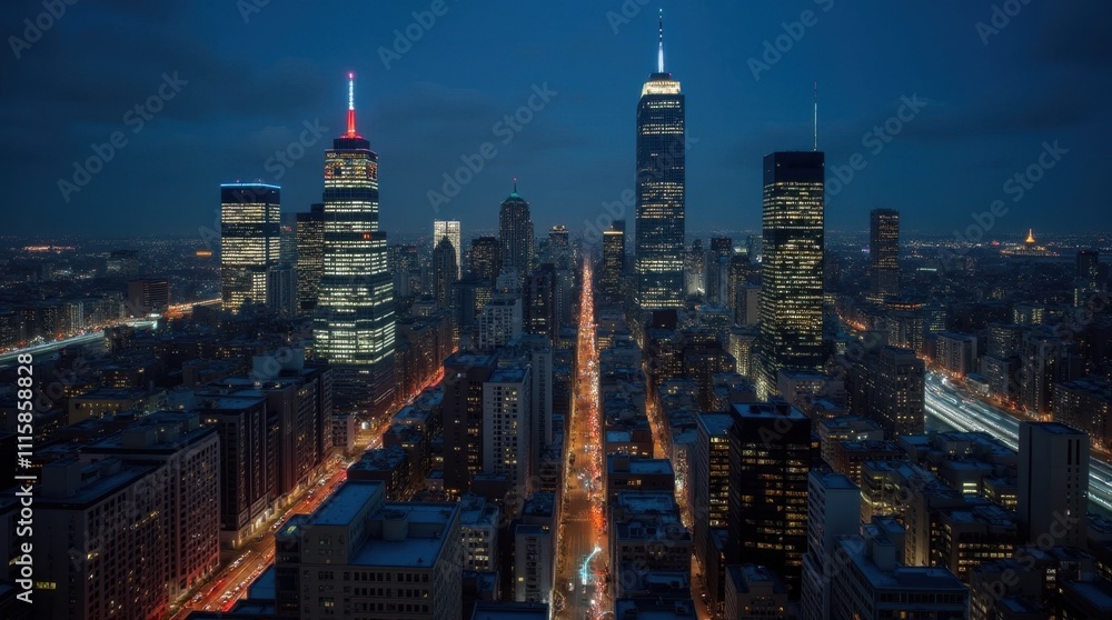Obraz premium Nighttime Cityscape with Glowing Skyscrapers and Busy Streets