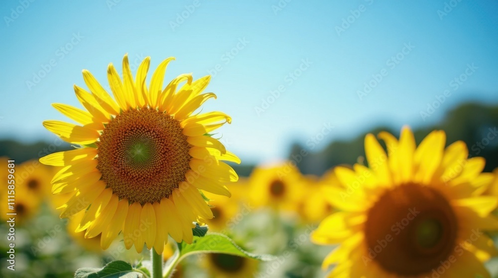 Fototapeta premium Sunlit Sunflower Field Under a Blue Sky
