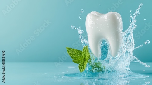 An immaculate white tooth is catapulted through an explosive splash of water, accentuated by mint leaves, embodying dental purity and energy in a dynamic setting. photo