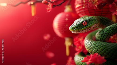 Green Snake with Lanterns and Flowers on Red Background for Chinese New Year photo