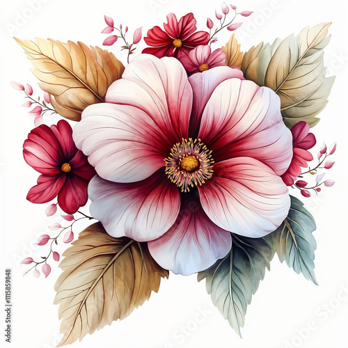 Nature, flowers, clipart watercolor painting of flower, symmetrical pattern, botanical print on white background, vintage style.QW-0166