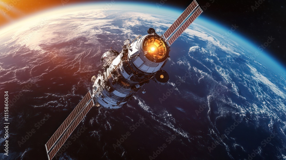 Obraz premium Spacecraft orbiting Earth during sunrise.