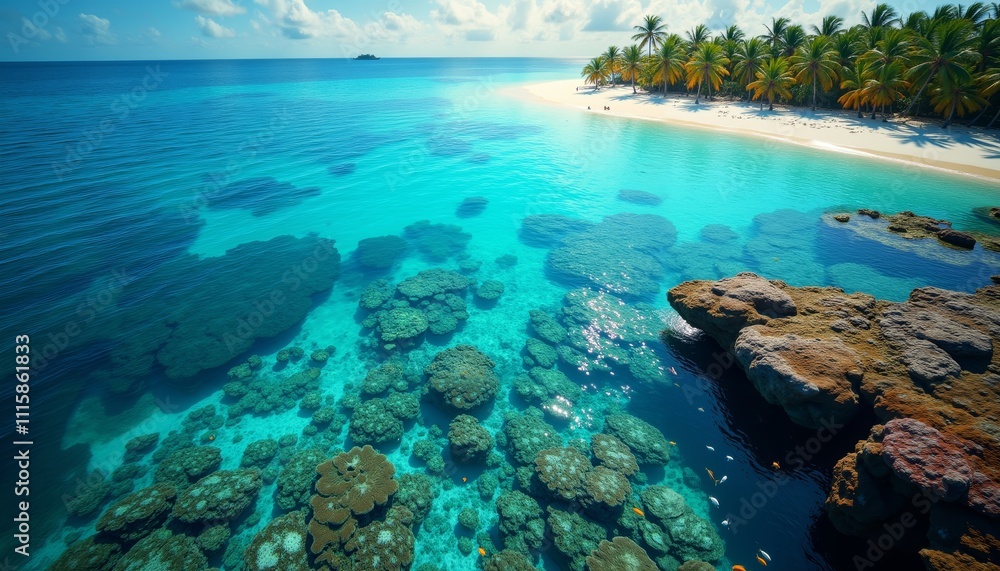 Crystal Clear Ocean with Rocky Outcrops and Lush Palm Trees Crystal Clear Ocean with Rocky Outcrops and Lush Palm Trees