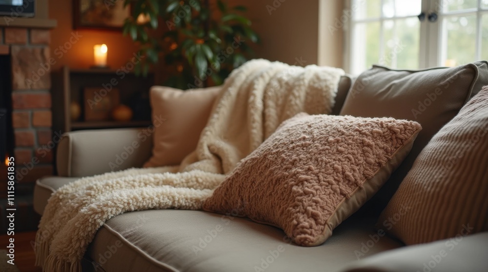 Fototapeta premium Cozy Living Room with Plush Sofa and Blanket