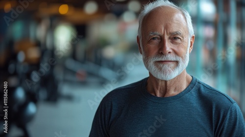 Smiling elderly man with white beard in bright modern setting, confident expression, mature wisdom, relaxed lifestyle, active senior portrait, natural light, healthy aging.