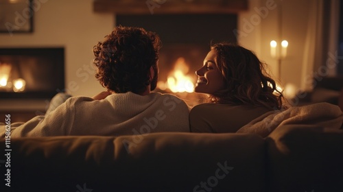 A couple is relaxing on the couch by a fireplace. They are looking at each other and smiling. The room is lit by the fireplace and candles.