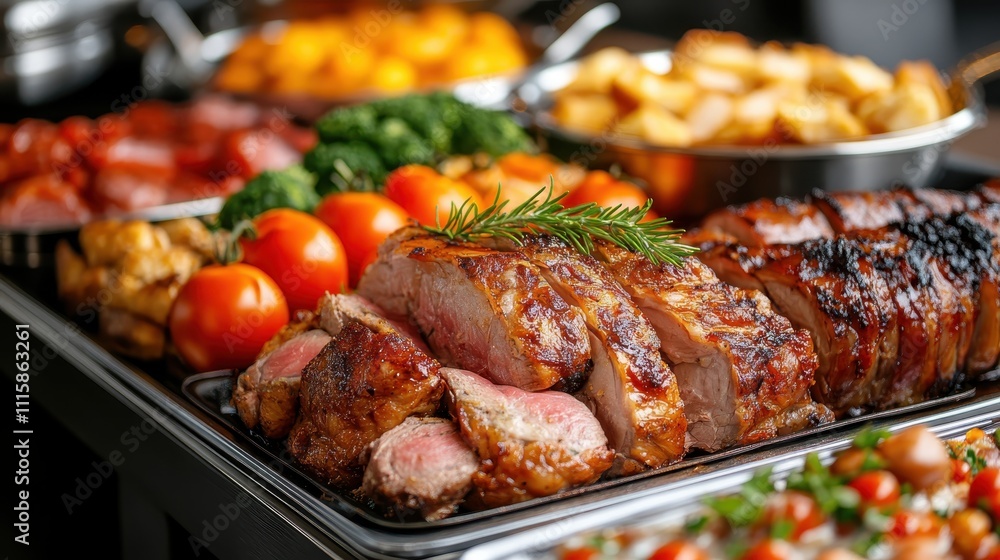 A delicious roast beef centerpiece is lavishly presented on a buffet table with assorted vegetables, showcasing a feast of culinary art and dining indulgence. A delicious roast beef centerpiece is lavishly presented on a buffet table with assorted vegetables, showcasing a feast of culinary art and dining indulgence.