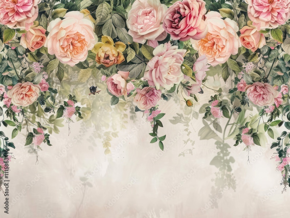 Fototapeta premium Lush pink and peach roses cascading down a textured beige background.