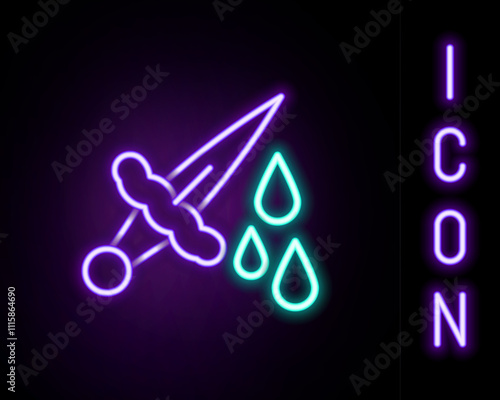 Glowing neon line Sword with blood icon isolated on black background. Medieval weapons knight and soldier. Symbol of murder. Colorful outline concept. Vector