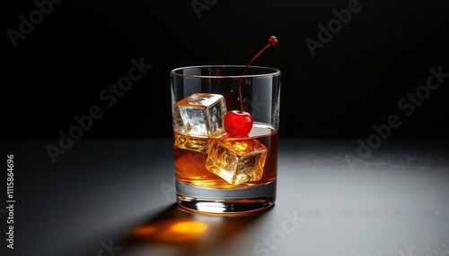 Glass of whiskey with ice cubes and cherry garnish photo