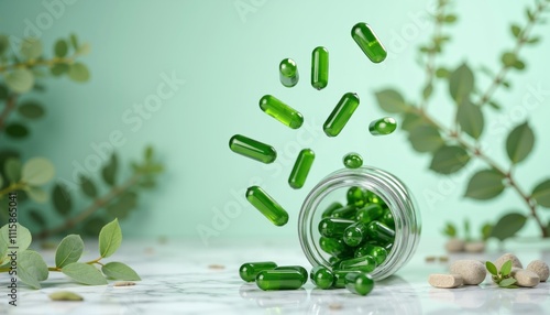 Green Capsules Spilling from Jar on Light Background with Leaves photo