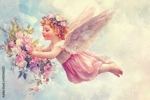 A cherubic child angel, with wings and a floral crown, floats in a sky filled with clouds, holding a bouquet of flowers.