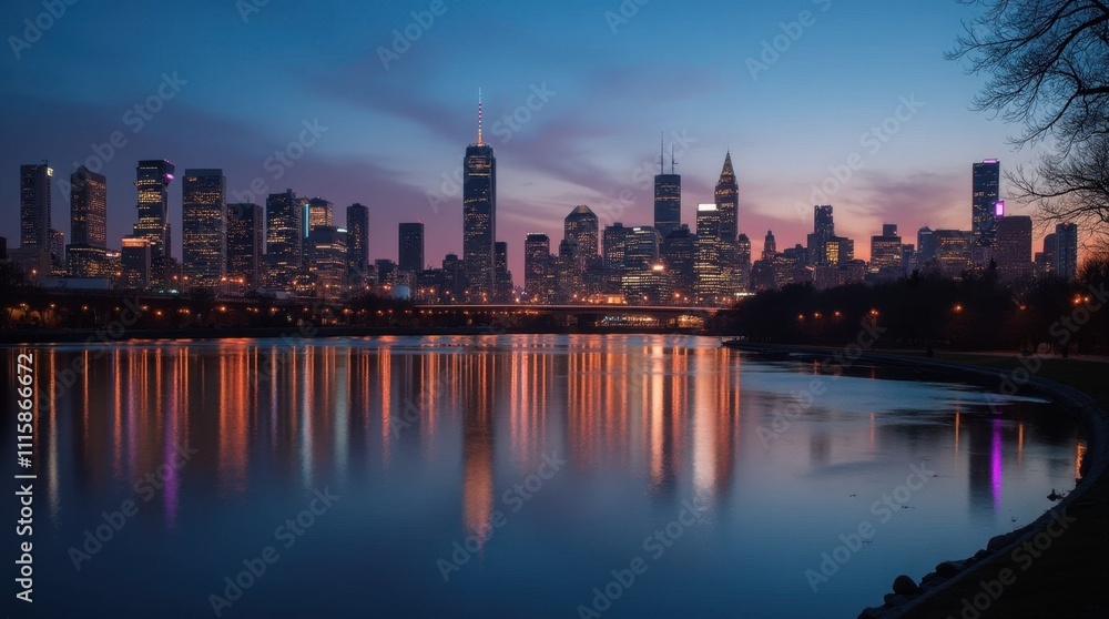 Obraz premium City Lights Reflecting on a Calm River at Twilight