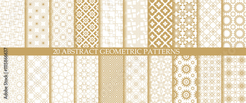 Set of 20 abstract geometric pattern with triangle, lines and stripes on white background. A seamless vector background. Graphic modern pattern. White and gold pattern.
