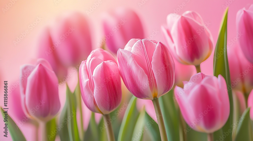 Fototapeta premium Vibrant pink holiday banner featuring a stunning bouquet of pink tulips against a soft pink backdrop.