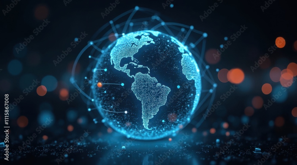 Obraz premium Interconnected Data Streams Visualized on a Holographic Globe