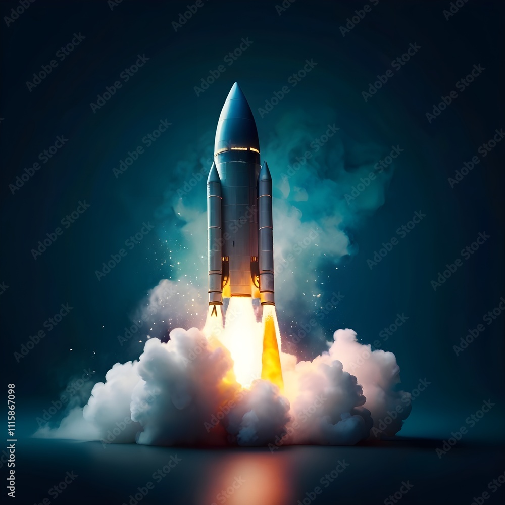 Fototapeta premium A space rocket launching with a burst of flames and smoke on a dark blue background,png, Generative Ai 