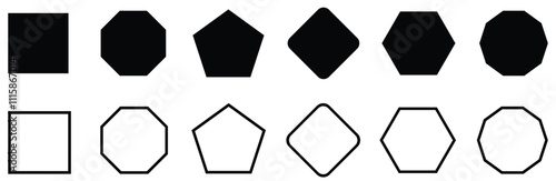 Various number of geometric shape vector icon set. Different types of regular polygons. Set of polygon icons. triangle, square, pentagon, hexagon, heptagon, octagon, nonagon, decagon, hendecagon.