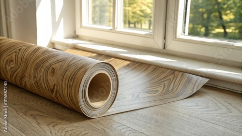 The soft sheen of a woodpatterned vinyl roll partially unrolled on a lightpainted surface with sunlight filtering through a nearby window. photo