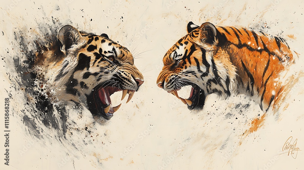 Obraz premium Dynamic angry leopard and tiger pencil sketch images capturing ferocity with artistic precision
