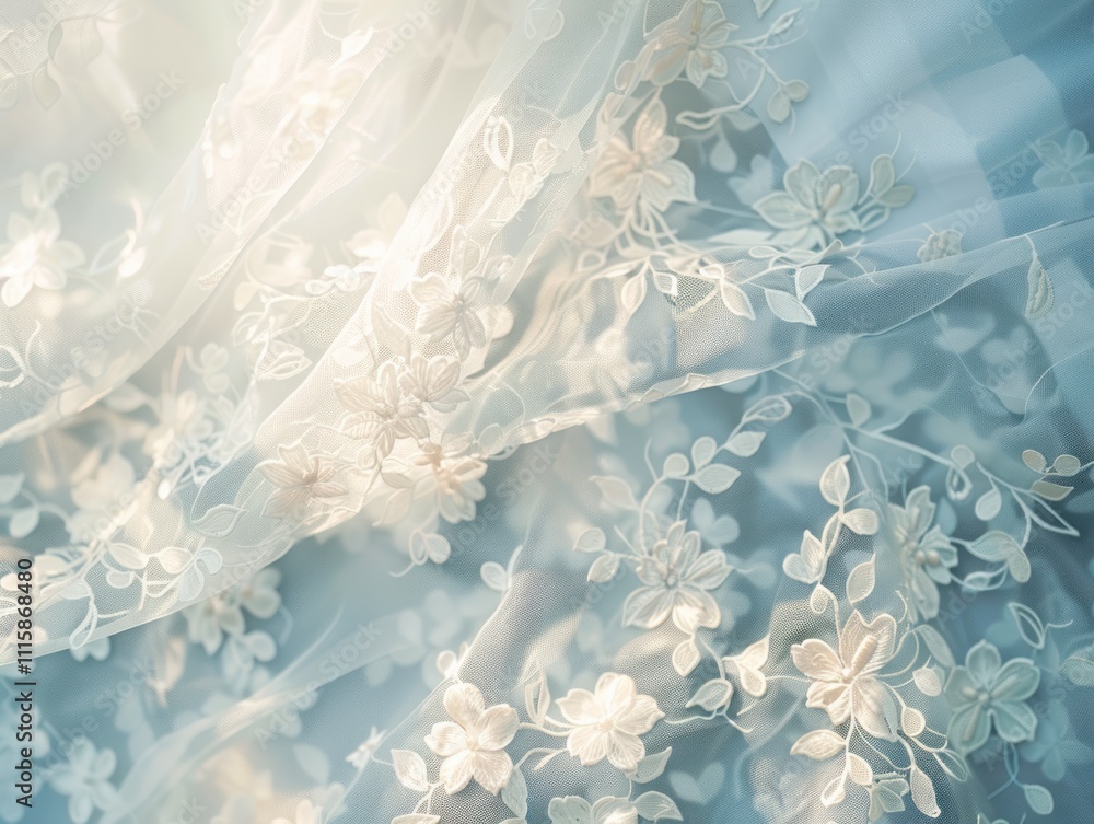 Fototapeta premium Soft, sheer white lace fabric with floral embroidery, draped and backlit.