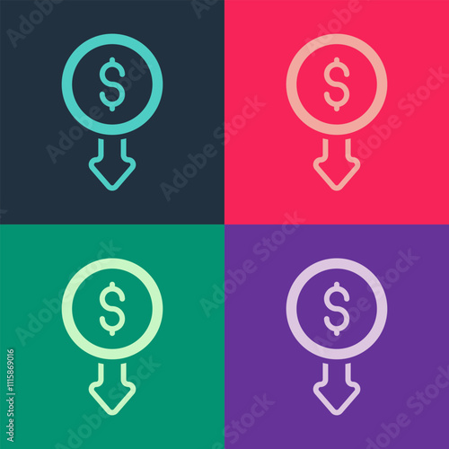 Pop art Dollar rate decrease icon isolated on color background. Cost reduction. Money symbol with down arrow. Business lost crisis decrease. Vector