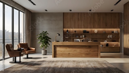 Wallpaper Mural Modern Office Interior Design with Wooden Accents and City View Torontodigital.ca