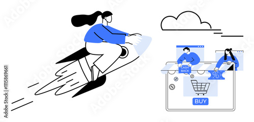 Woman riding a rocket towards a shopping cart with cashback and discount offers. Ideal for e-commerce, online shopping, fast delivery, digital marketing, customer engagement, sales growth, technology