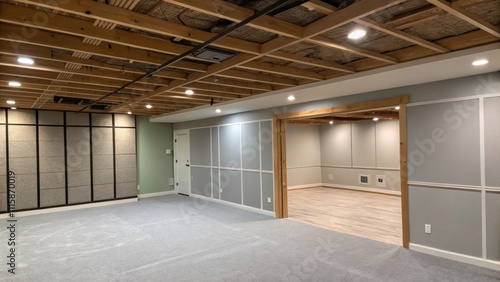 A wide view of a room with one half displaying completed acoustic paneling while the other half has exposed ceiling joists creating a stark contrast. photo