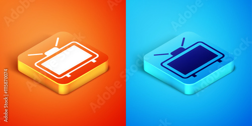 Isometric Football soccer match on TV icon isolated on orange and blue background. Football online concept. Vector