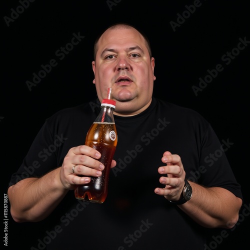 Overweight individual holding soda drink against black backdrop photo