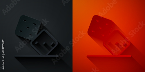 Paper cut Game dice icon isolated on black and red background. Casino gambling. Paper art style. Vector