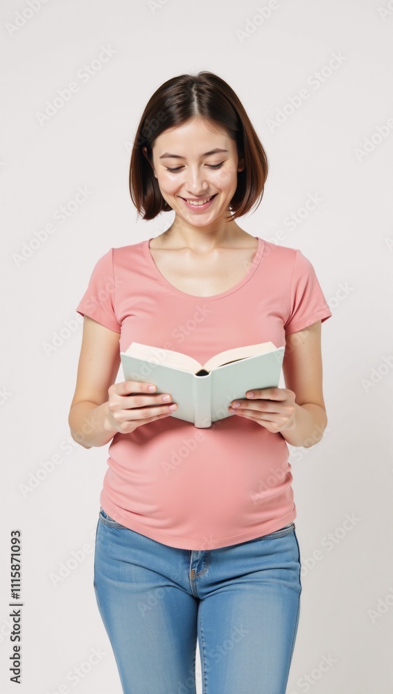 Cartoon-style pregnant woman reads parenting book against pastel backdrop isolated on white deep depth of field with ample copy space