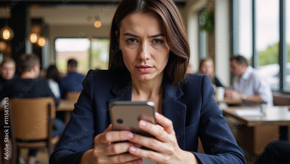 Fototapeta premium A concerned woman is depicted looking intently at her phone