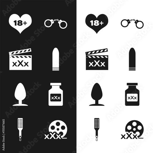 Set Dildo vibrator, Movie clapper with Sex, 18 plus content heart, Handcuffs, Anal plug, Bottle pills for potency, Film reel and Spanking paddle icon. Vector
