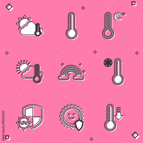 Set Thermometer and cloud, sun, Meteorology thermometer, Rainbow with clouds, UV protection and icon. Vector