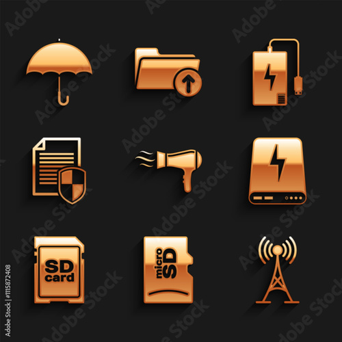 Set Hair dryer, Micro SD memory card, Antenna, Power bank, and Document protection icon. Vector