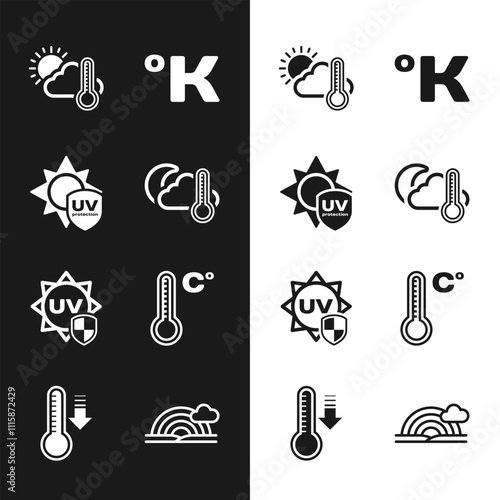 Set Thermometer and cloud, moon, UV protection, sun, Kelvin, Meteorology thermometer, Rainbow with and icon. Vector