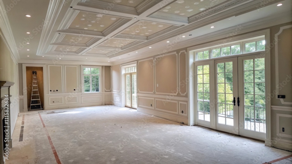 A vast room with lightly sanded drywall the muted colors creating a tranquil backdrop as bits of drywall dust linger delicately in the air. A vast room with lightly sanded drywall the muted colors creating a tranquil backdrop as bits of drywall dust linger delicately in the air.