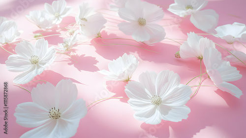 Delicate white cosmos flowers arranged on a soft pink background, illuminated by sunlight creating gentle shadows. Perfect for feminine designs.