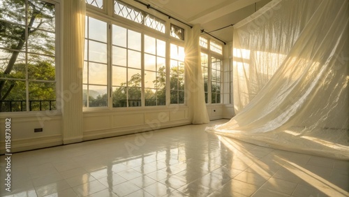 A tranquil corner where freshly painted creamcolored floor meets the sunlight all safely shielded by an extensive roll of smooth plastic sheeting. photo