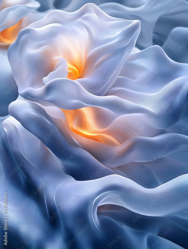 Obraz premium Abstract swirling light blue fabric with warm orange glow.